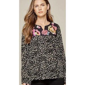 Savanna Jane Floral Embroidered Top (Size Large) Cheetah Print Boho Blouse